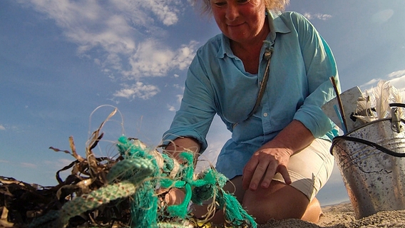 Anke Paap sammelt Meeresmüll, Plastikabfall, der von der Ostsee ans Land zurückgeworfen wird. Foto: NDR/Populärfilm